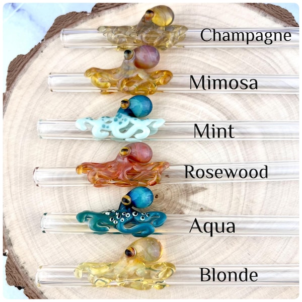 Pajita de cristal con forma de pulpo: hecha a mano, reutilizable, bajo pedido, color, longitud y ancho personalizados.