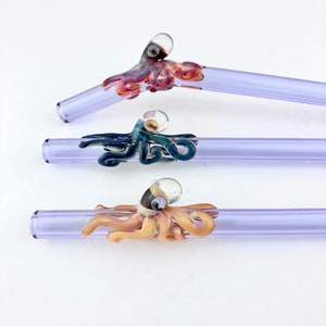 1 Octopus On Purple GLASS STRAW - Custom Straws | Reusable Straws | Cocktail Straw | Glass Straws | Octopus Straws | Purple Straws