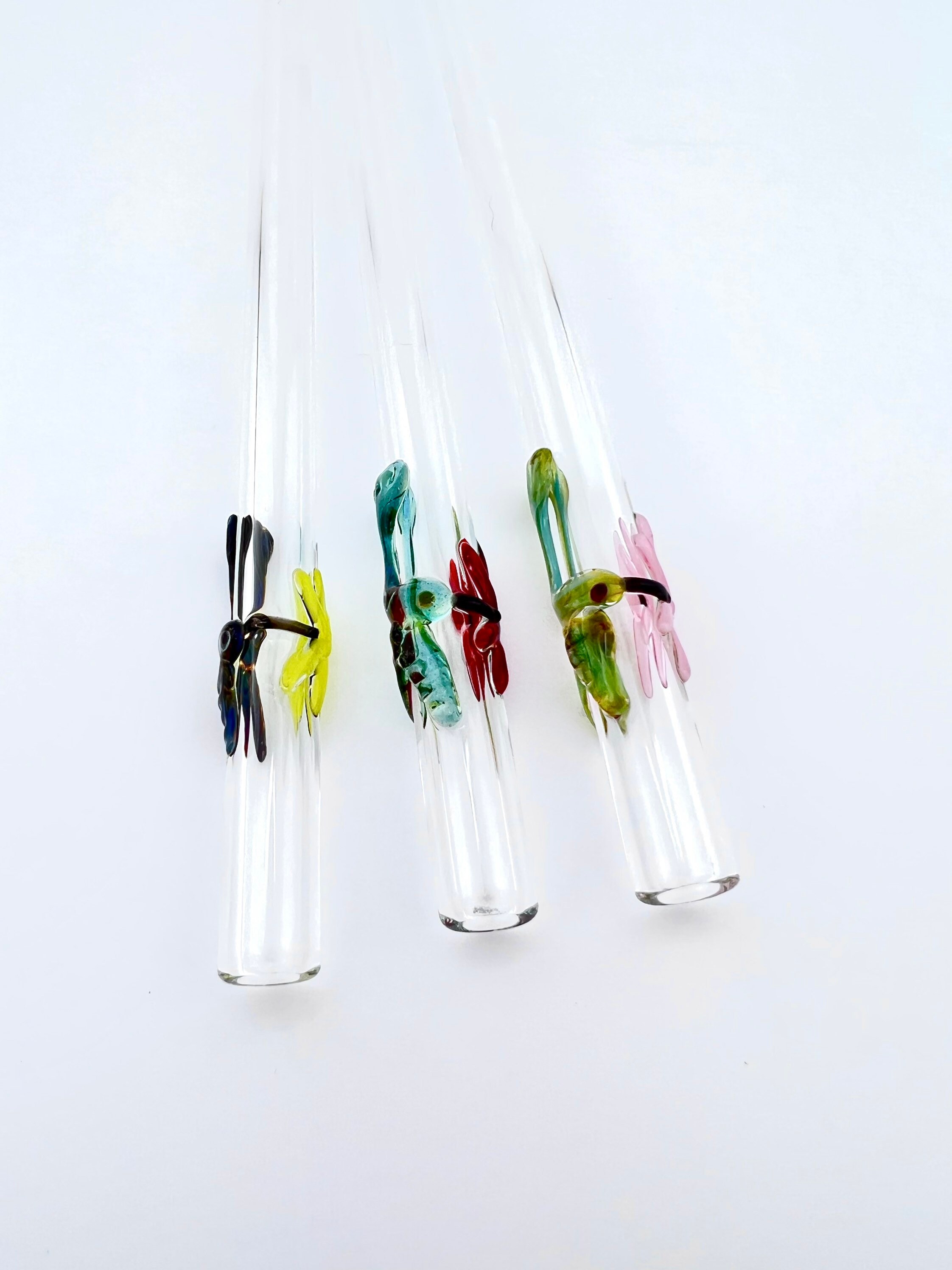 Hummingbird Glass Straws Teal Turtle on Teal Straight Straw 9 in x 9.5 mm with Cleaning Brush