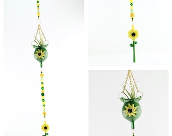 Sunflower Air Plant Suncatcher - Handmade Air Plant Decor in a Sunflower Design | Sun Catcher with Handblown Glass | Hanging Air Plants