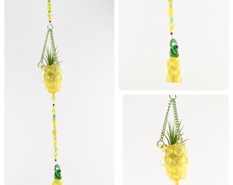 Pineapple Air Plant Suncatcher - Handmade Air Plant Decor in a Pineapple Design | Sun Catcher with Handblown Glass | Hanging Air Plants