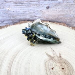 May include: A handcrafted glass seashell sculpture with a pearlescent finish. The shell is primarily gray and white with accents of blue and yellow glass beads. The sculpture is displayed on a natural wood slice, showcasing its organic form.