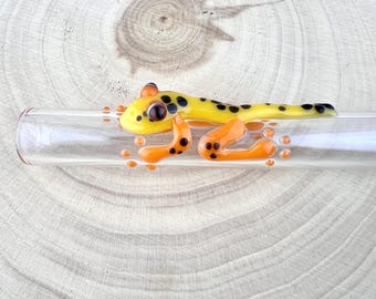 Cannuccia in vetro Gecko: cannuccia riutilizzabile in vetro borosilicato realizzata a mano.