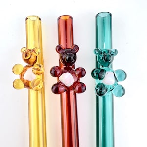 Opal Gummy Bear on Colored Glass Straw: Handmade Reusable Drinking Straw