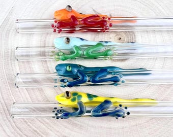 Set di cannucce in vetro a forma di geco, fatte a mano: set di cannucce riutilizzabili