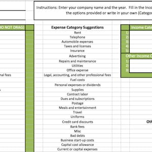 May include: A green and white spreadsheet with the title "Expense Categories" and "Income Categories". The spreadsheet is divided into two columns, one for expenses and one for income. The spreadsheet includes a list of common expense and income categories for a business.