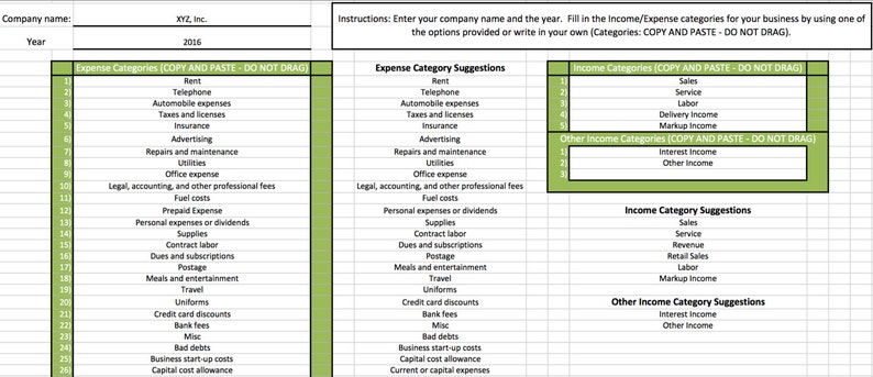 May include: A green and white spreadsheet with the title "Expense Categories" and "Income Categories". The spreadsheet is divided into two columns, one for expenses and one for income. The spreadsheet includes a list of common expense and income categories for a business.