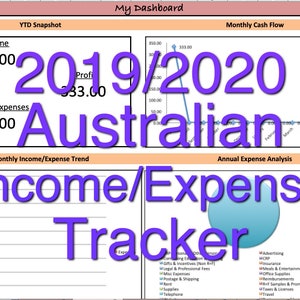 Puede incluir: Un gráfico colorido titulado "Mi Panel de Control" muestra un rastreador de ingresos y gastos comerciales para el año 2019/2020 en Australia. El gráfico muestra un ingreso total de $ 789.00 y gastos totales de $ 456.00, lo que resulta en una ganancia de $ 333.00. El gráfico también incluye un gráfico de flujo de caja mensual y un gráfico circular de análisis de gastos anual.