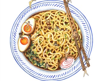 Udon Noods / Nudie Rudie / Funny Art / Food Art / Watercolour Art / Whimsical Illustration / Noodle Print / Egg Art