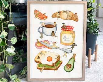 Stampa artistica Breakfast Club, illustrazione di cibo stravagante, arredamento per la cucina