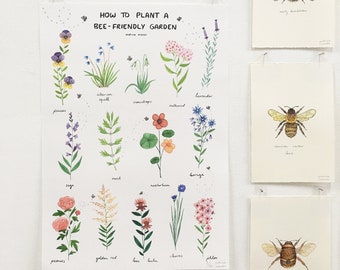 How To Plant A Bee-Friendly Garden - Poster Print/Bee Garden/Garden Art/Flower Poster/Home Decor/Dorm Decor/Save the Bees/Watercolour Poster