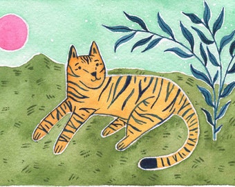 Brave Tiger / Jungle Painting / Botanical Illustration / Tropical / Home Decor / Moon Art/Animal Print/Nursery Decor