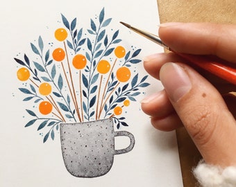 Billy Buttons - Art Print/watercolour illustration/whimsical painting/flower lover art/tea lover art/tea cup/billy buttons/coffee lover art
