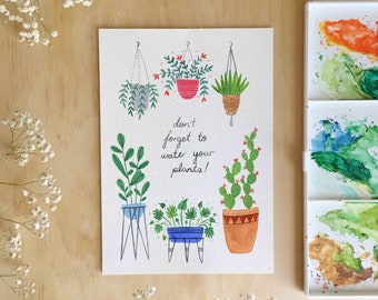 Don't Forget to Water Your Plants / Indoor Plant / Botanical Illustration / Home Decor / House Plants / Dorm Decor / Dorm Wall Art