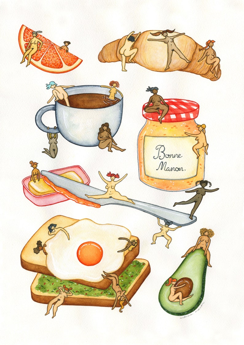 Breakfast Club Art Print / Nudie Rudie / Funny Art / Food Art / Watercolour Art / Whimsical Illustration / Cute Print / Egg Art image 1