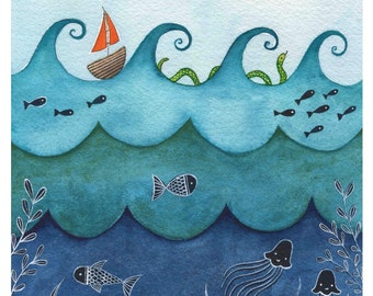 By The Ocean / Ocean Illustration / Ocean Print / Beach / Home Decor / Dorm Wall Art/Nature Print/Nursery Decor/Water Art