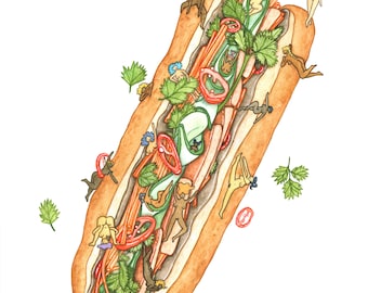 Banh Mi Babes Art Print / Nudie Rudie / Funny Art / Wall Art / Food Art / Watercolour Art / Illustration / Bread Print / Banh Mi Art