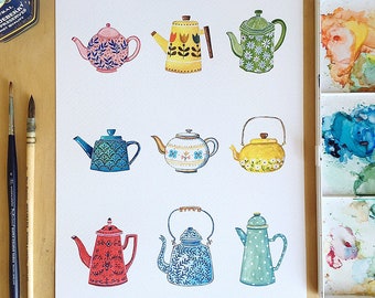 Teapot Print / Tea Art / Tea Lover Gift / Home Decor / Tea Print / Regalo per lei / Tea Decor / Wall Art / Dorm Decor / Teapot Illustration