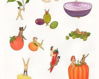 Puttanesca Art Print / Nudie Rudie / Funny Art / Food Art / Watercolour Art / Cooking/Whimsical Illustration / Cute Print / Tomato Pasta Art