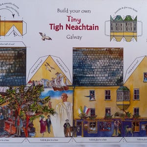 Op de afbeelding: Een papieren knutselpakket voor een miniatuurversie van de Tigh Neachtain pub in Galway. De illustratie toont de gevel van de pub, interieurscènes en montage-instructies. De set bevat uitgesneden onderdelen en vouwgidsen.