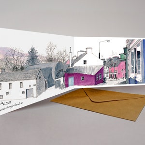 Ballydehob Main Street con la cartolina artistica panoramica Levis"Corner Bar