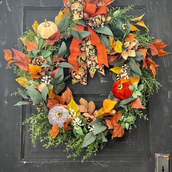 BEST SELLER Fall Wreath, Velvet Pumpkin wreath, Autumn Door,Fall Hydrangea Round Circle, Fall Wreaths for Front Door,Mini Pumpkin Wreath