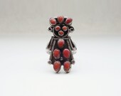 Sweet Kachina Petit Point - 5.75 Vintage Zuni Sterling Coral Ring Signed Albert Pewa