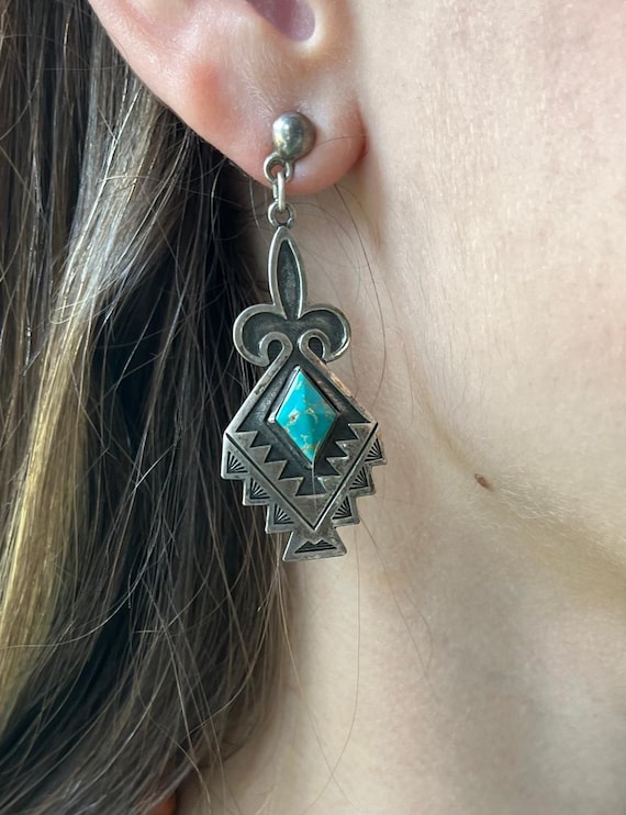 Striking • Vtg Handmade Sterling Turquoise Dangle earrings