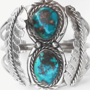 Feather Cuff • 7&quot; • Vintage Navajo Sterling Dual Turquoise Rope Cuff - Collectible