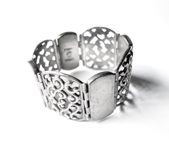 Early •  Signed 7" Taxco Mexican Wide Hinge Sterling Panel Bracelet, Circa 1940s