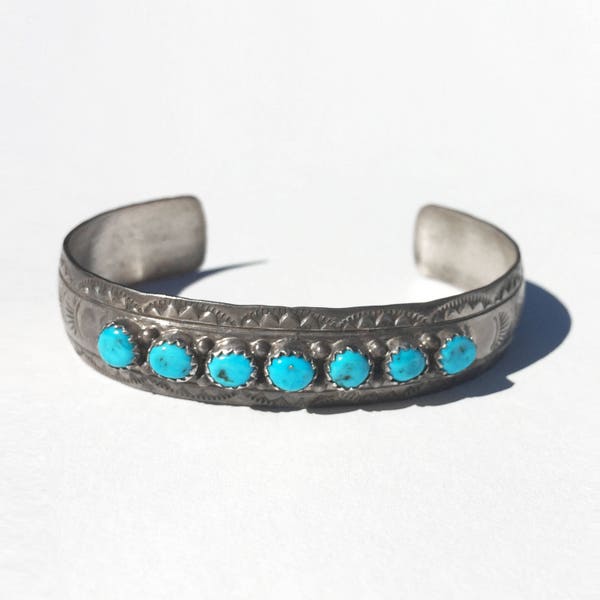 Symbol Beauty • 6.75" • Vtg Navajo Sterling Handmade  Stamped Sun Motif + Turquoise Row Cuff - E Yazzie