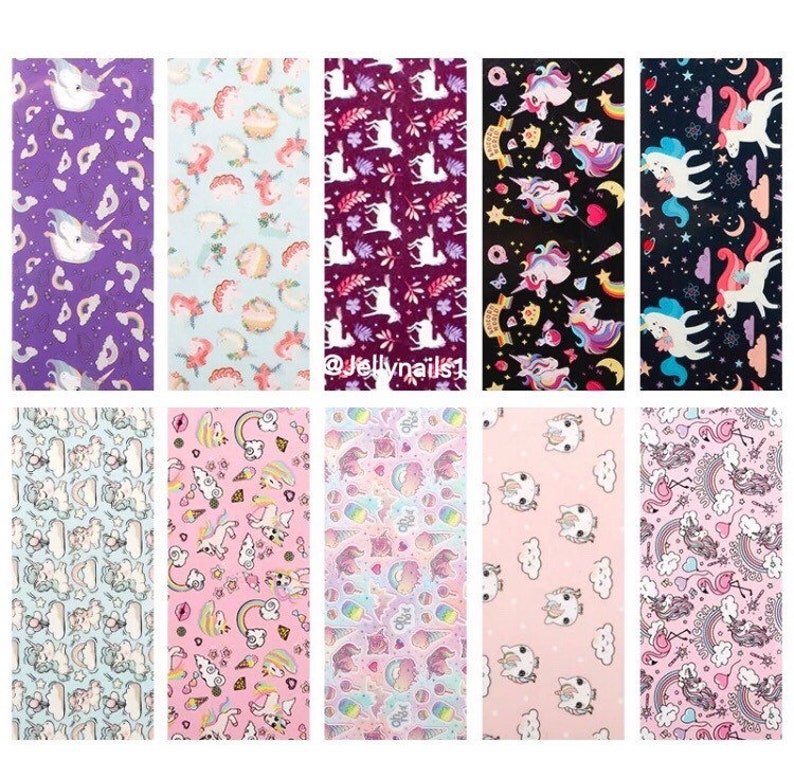 May include: Ten sheets of nail art decals featuring various unicorn designs. The designs include unicorns with rainbows, stars, hearts, and flowers. The decals are printed on a clear background.