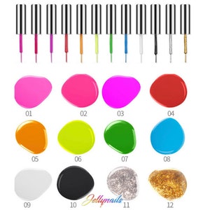 Pu&ograve; includere: Una collezione di 12 smalti per unghie colorati, ciascuno con un tappo argentato e un pennello. I colori includono tonalit&agrave; di rosa, rosso, arancione, verde, blu, bianco, nero, glitter argento e oro. Numerati da 01 a 12.