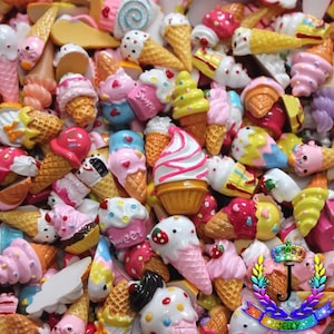 May include: A large collection of colorful miniature ice cream cones and cupcakes. The cones are decorated with sprinkles, chocolate chips, and other toppings. The cupcakes are topped with frosting and sprinkles. The items are made of plastic and are perfect for crafting or decorating.