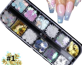 Winter Snowflakes White Iridescent Blue Opal glitter sequins Xmas box ENCAPSULATED nail 3D art