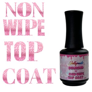 May include: A bottle of clear nail polish with a black cap. The label reads "Jellynails Diamond Non-Wipe Top Coat".