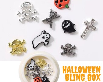 Halloween bling box 4 skulls nail art Jewelry crystals alloy 3D Decoration