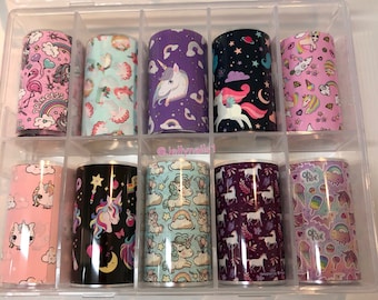 Unicorn,  rainbows and ice cream Designs patterns nail transfer foils decals In a box for trending nail art supplies
