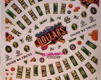Money dollars nail decals self adhesive 1 sheet of stickers for trending fashion nail art supplies