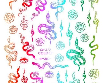 Snakes Roses & Evil eye multi color foil stickers self adhesive 1 sheet nail art supplies