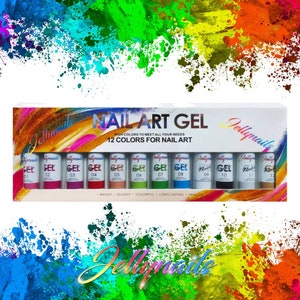 Pu&ograve; includere: Un set di 12 colori gel per nail art in una scatola. La scatola presenta la scritta "NAIL ART GEL" e "12 COLORS FOR NAIL ART". Ogni tubetto di gel &egrave; numerato da 01 a 12. Lo sfondo presenta schizzi di vernice colorati.