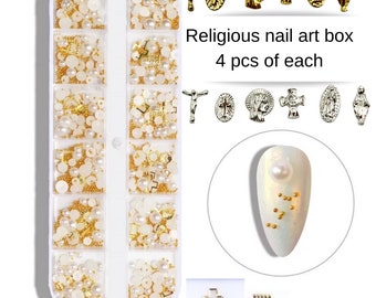 Religious pearls and caviar box  & alloy shapes 3D nail art