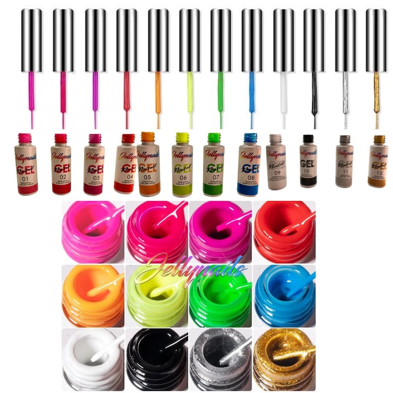 Pu&ograve; includere: Una collezione di smalti per unghie in gel di vari colori, tra cui rosso, rosa, arancione, verde, blu, bianco, nero e oro. Ogni flacone &egrave; numerato e riporta il nome del marchio. L'immagine mostra anche lo smalto gel in contenitori aperti.