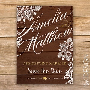 Speichern Sie das Datum, Hochzeit Ankündigung, Holz, Spitze, Jahrgang, Elefant, druckbare, instant Download