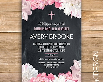 Floral First Holy Communion invitation, Communion Invite, Baptism Invite, Girl, Cross, Flower, Chalkboard, printable, instant download