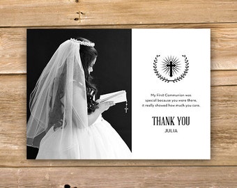 Tarjeta de agradecimiento de comunión, primera comunión gracias, religiosas, Cruz, gracias
