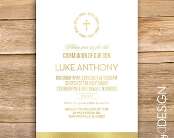 Primera invitación de la comunión, comunión invitar, invitar a bautismo, religioso, género neutro, oro, Cruz, descargar imprimible, instantánea
