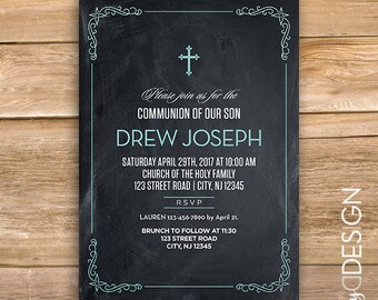 Invitación de primera comunión de niño, comunión invitar, invitar a bautismo, pizarra, Cruz, azul, pizarra, imprimible, instant download