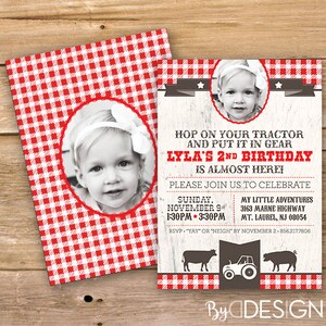 Tractor birthday invitation, farm birthday invite, farmer invitation, red tractor invitation, pig, gingham, printable, instant download