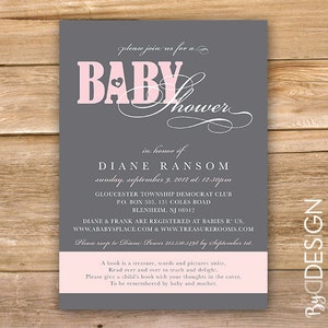 Pink and gray baby shower invitation, baby shower invite, heart, book in place of a card, printable, instant download